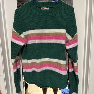 SO Women's Green Striped Sweater with Pink and Tan Accents | Size L